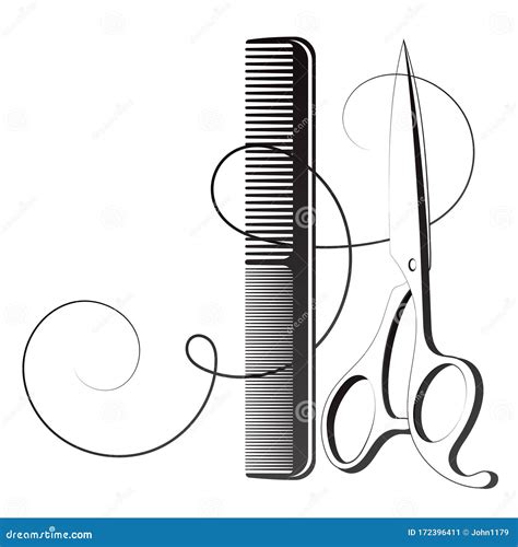 Hair Stylist Scissors And Comb With Curl Hair Silhouette Stock
