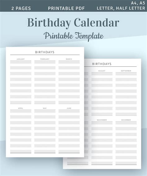 Printable Birthday Calendar Template Birthday List Perpetual Etsy