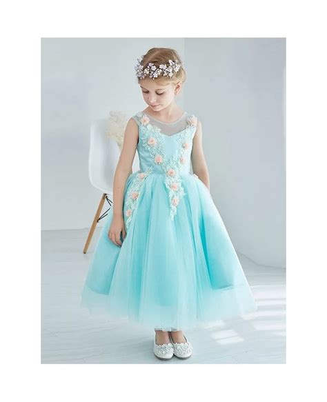 Little Girls Ball Gown Blue Tulle Lace Pageant Dress With Flowers