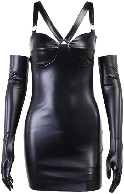 Gothic Leather Dress Tube Strap Tight Skirt With Extra Leather Gloves