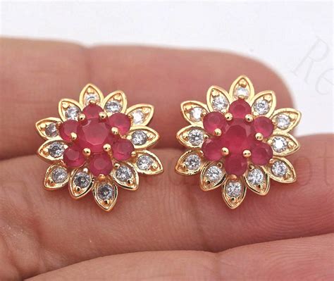 Luxury Stud Earrings For Women Gold Color Flower Earring With Red Green