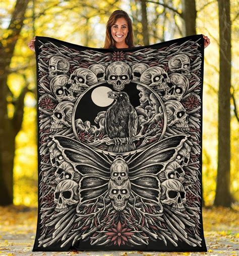 Skull Occult Raven Crow Moth Blanket Color Version Skull Etsy