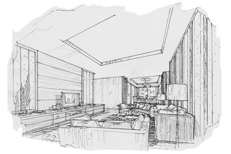 Sketch Perspective Interior Living Room Black And White Interior