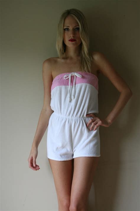 70s Romper White And Pink Terry Cloth Suzanne Somers Strapless Etsy