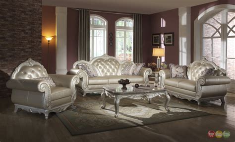 Elegant Metallic Pearl Button Tufted Leather Formal Living Room Sofa Set