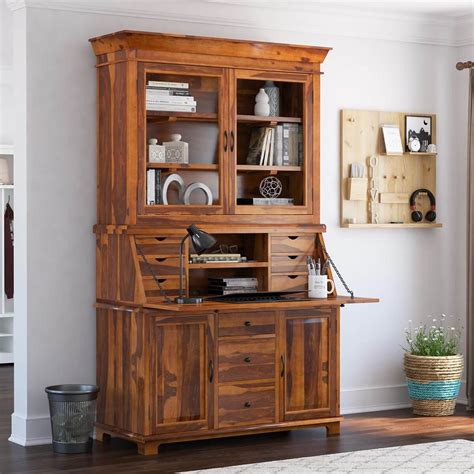 Weldona Rustic Solid Wood Drop Front Home Office Secretary Desk With Hutch