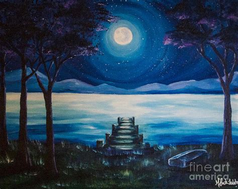 Moonlit Dock And Lake Painting By Caitlin Lodato