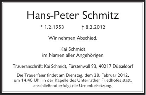 Alle Traueranzeigen Für Hans Peter Schmitz Trauerrp Onlinede