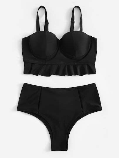 Ruffle Trim Underwire Top With High Waisted Bikini Set High Waisted