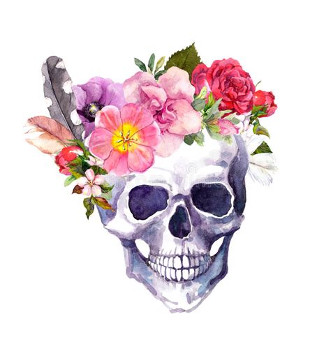 Human Skull With Flowers And Feathers, Boho Style ...