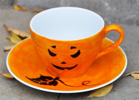 Best halloween coffee drinks from 43 best halloween quotes images on pinterest. Halloween Pumpkin Coffee Cup and Saucer - Made to order, via Etsy. (With images) | Pumpkin ...
