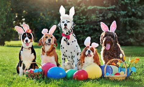 A Group Of Dogs With Bunny Ears Headbands At The Easter Party Premium