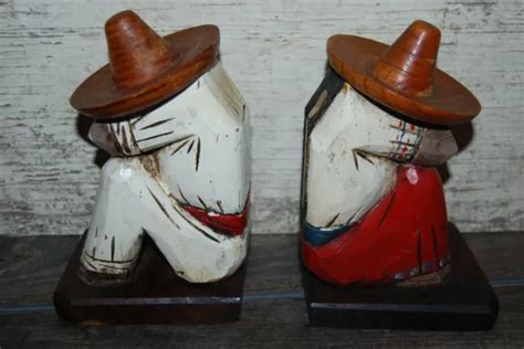 Vintage Siesta Man And Woman Carved Wooden Bookends Mexican Folk Art