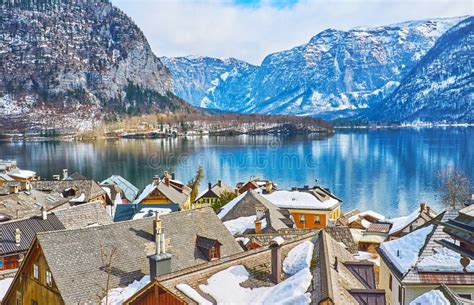 The View On Lake Through The Roofs Hallstatt Salzkammergut Austria