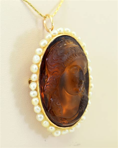 Estate Carved Citrine Hard Stone Cameo With Pearl Accents Exquisite