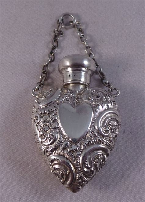 Pretty Antique Sterling Silver Heart Shape Chatelaine Perfume Bottle
