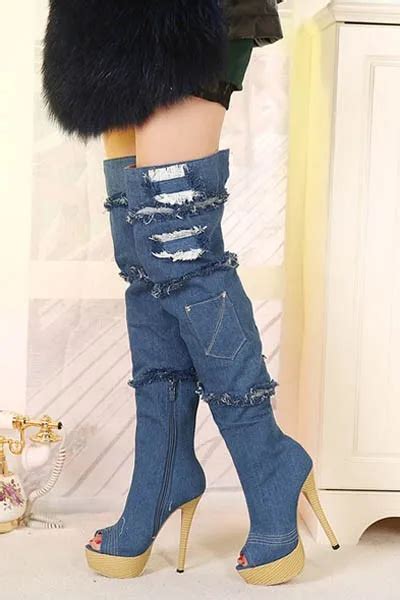 2016 New Arrival Blue Denim Boots Women Platform Thigh High Boots Peep Toe High Heel Over The