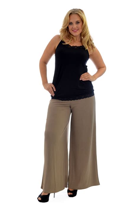 Womens Plus Size Trousers Ladies Pants Palazzo Wide Leg Crepe Elastic Nouvelle Ebay