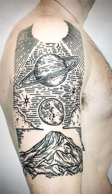 A Mans Arm With An Image Of The Planets And Stars On It In Black Ink