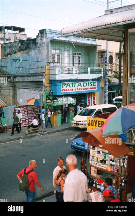 Dominican Republic Santo Domingo Downtown Street Scene Near Supermercado Street Vendors Tourists