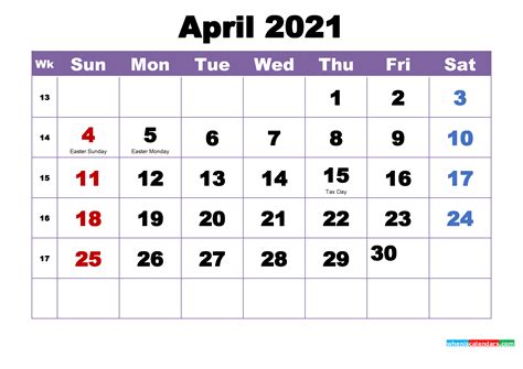 April 2021 Printable Calendar With Holidays Word Pdf