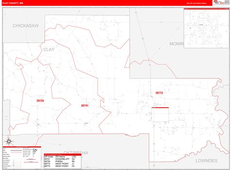 Clay County Ms Zip Code Wall Map Red Line Style By Marketmaps