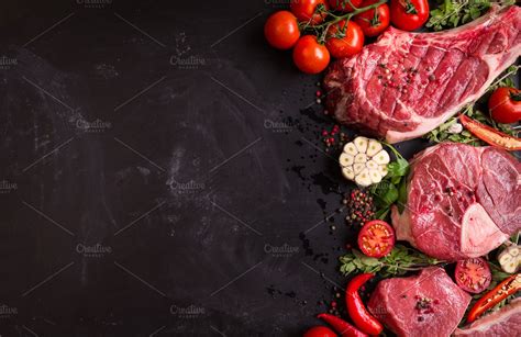 Raw Meat Steaks On A Dark Background High Quality Food Images