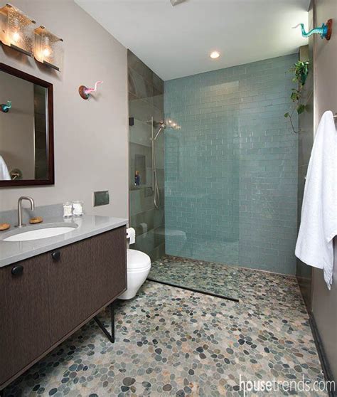 Bathroom Tile Lends A Pop Of Personality Gray Tile Bathroom Floor Blue