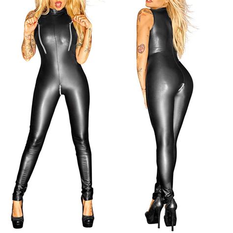 Women S Clothing Women Long Sleeve PVC Faux Leather Wet Look Bodysuit