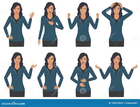 Woman Character Expressions With Hands Gesture Cartoon Businesswoman Wit Different Emotion