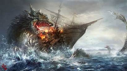 Sea Monster Fantasy Monsters Ship Attacking Pirate