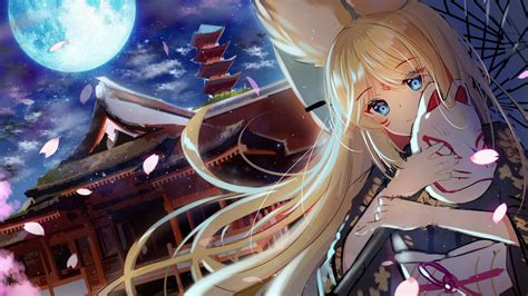 Wallpaper Anime Girls Mask Kimono Umbrella House Moonlight