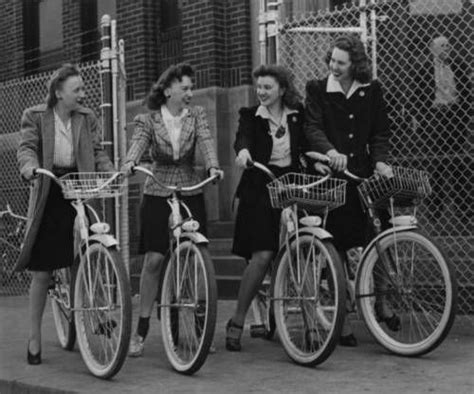 Biking To Work Circa 1940s 1940s Women 1940s Fashion Vintage Cycles