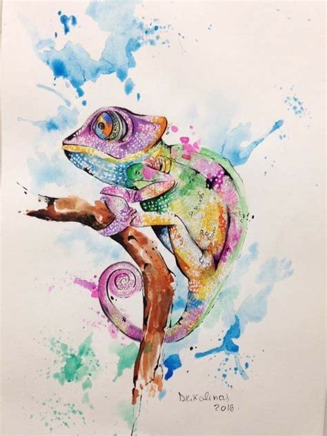 Charming Rainbow Watercolor Chameleon Sitting On Branch Tattoo Design