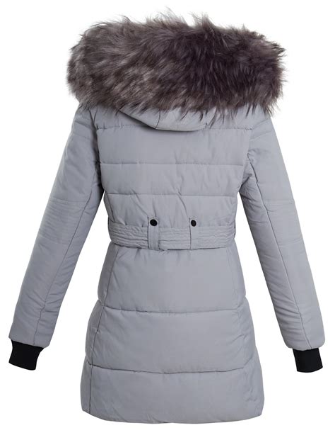 womens long faux fur trim hood belted quilted jacket puffer coat size uk 8 16 ebay