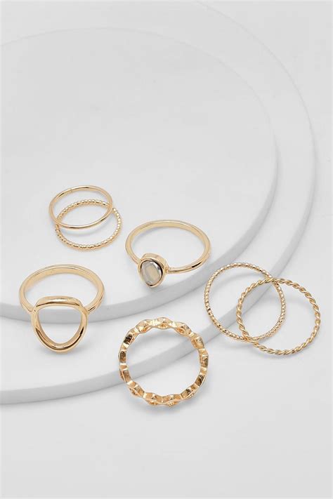 Gold Assorted Multi Shape 7 Pack Ring Set Boohoo