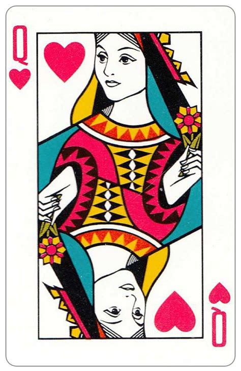 The Queen Of Hearts Playing Card Is Shown In Red Yellow And Blue With