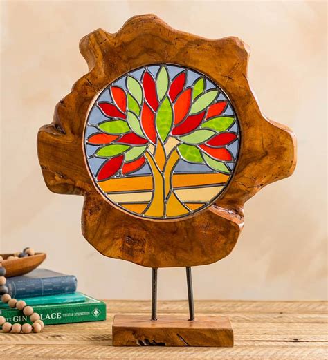 Stained Glass Tree Of Life In Teak Wood Frame Plow And Hearth