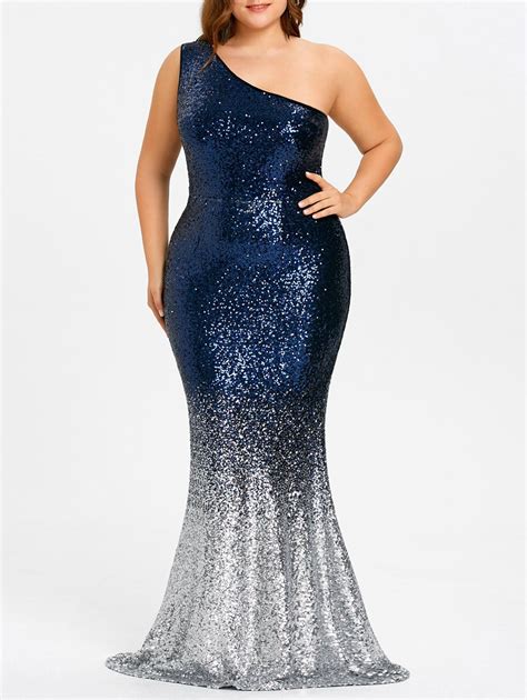 41 Off 2021 Plus Size One Shoulder Glittering Mermaid Dress In Blue