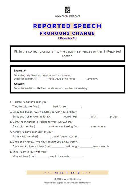 Pronouns In Reported Speech Exercise Worksheet English Grammar