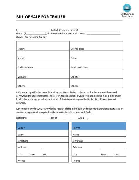 The Best Free Printable Bill Of Sale Form Trailer