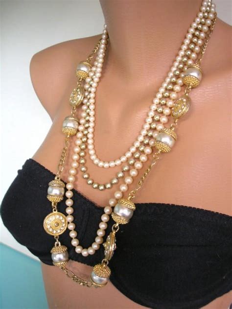 Chunky Pearl Necklace Statement Necklace Multistrand Upcycled Vintage