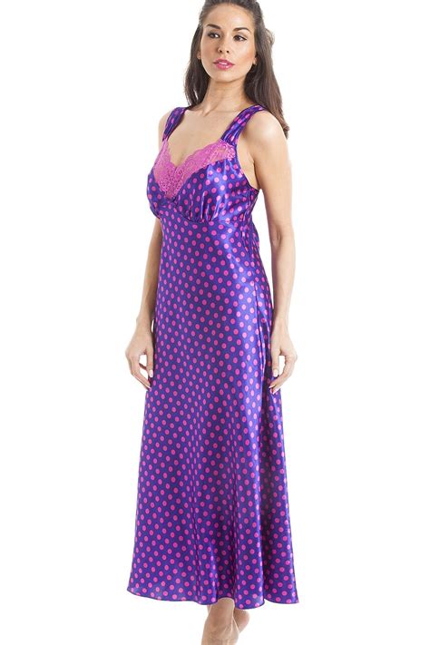 Luxury Long Purple Satin Chemise With Pink Lace And Polka Dot Print