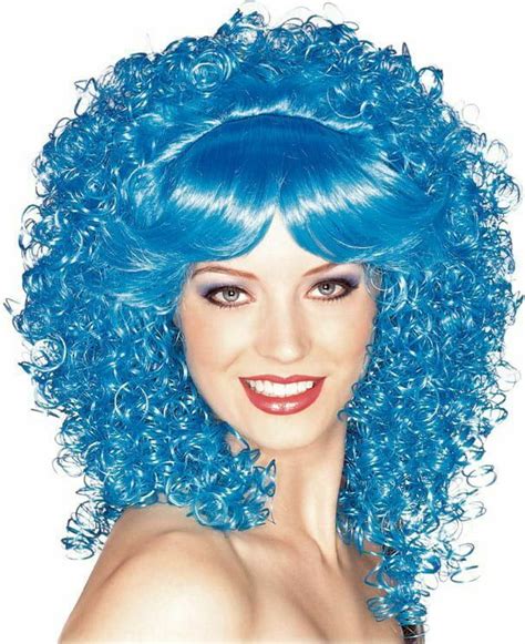 Blue Curly Wig Adult Female Show Girl Clown Theatrical Costume Long