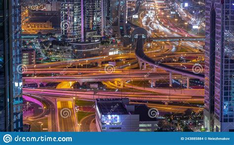 Busy Sheikh Zayed Road Intersection Aerial Night Timelapse Metro