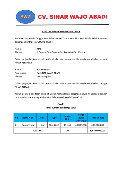 Pdfcoffee.com surat-kontrak-sewa-dump-truck-pdf-free - SURAT KONTRAK