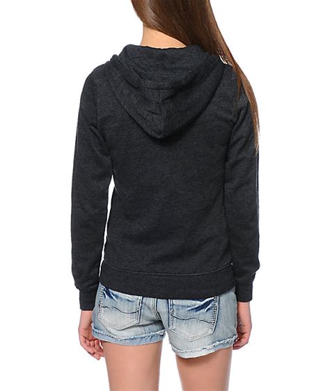 Cotton fabric hood with drawstring ribbed cuffs and hem embroidered heart logo on chest two welt pocket on front style: Zine Dark Grey & Coral Zip Up Hoodie | Zumiez