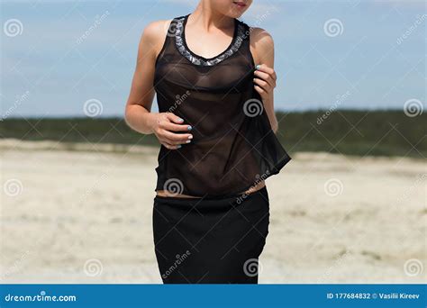 Provocative Lady In Stylish Top And Panties On Beach Stock Photo