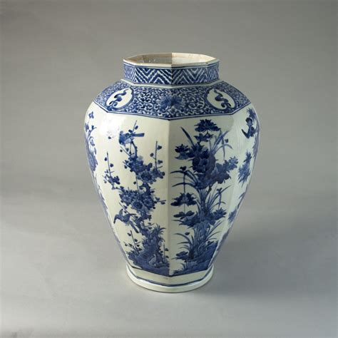 Large Japanese Arita Porcelain Blue And White Octagonal Baluster Vase