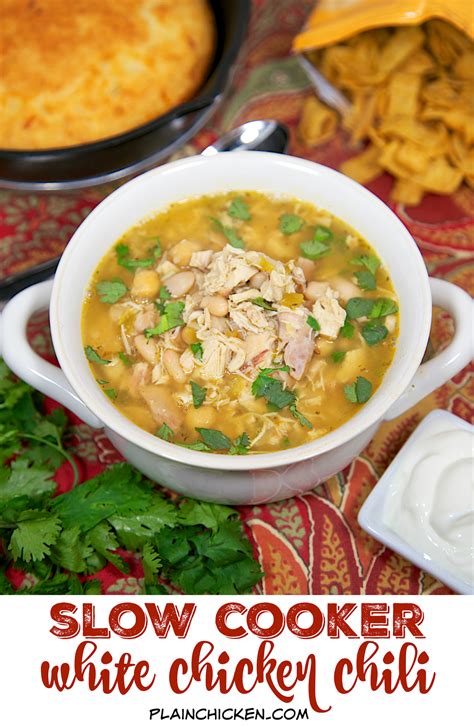 This chicken enchilada soup is loaded with shredded chicken, corn, beans, vegetables and cheese, then finished off with a variety of toppings. Slow Cooker White Chicken Chili recipe - chicken ...